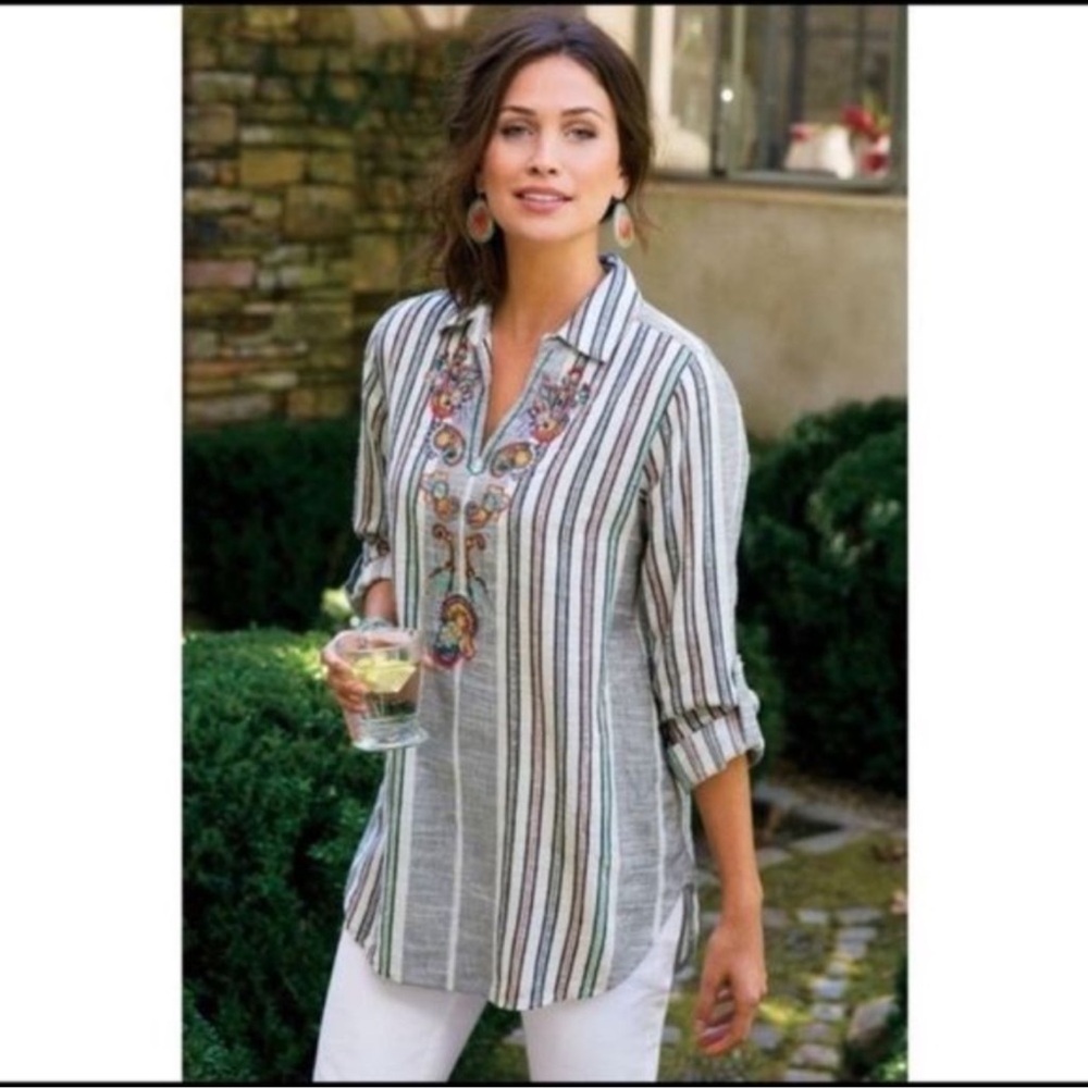 Soft Surroundings Aruba Embroidered Stripe Cotton Popover Tunic Top Blouse XL